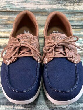 SKECHERS Boat Shoes Size 7.5 On The Go Nautical Comfort Sneaker Shoe Blue Brown